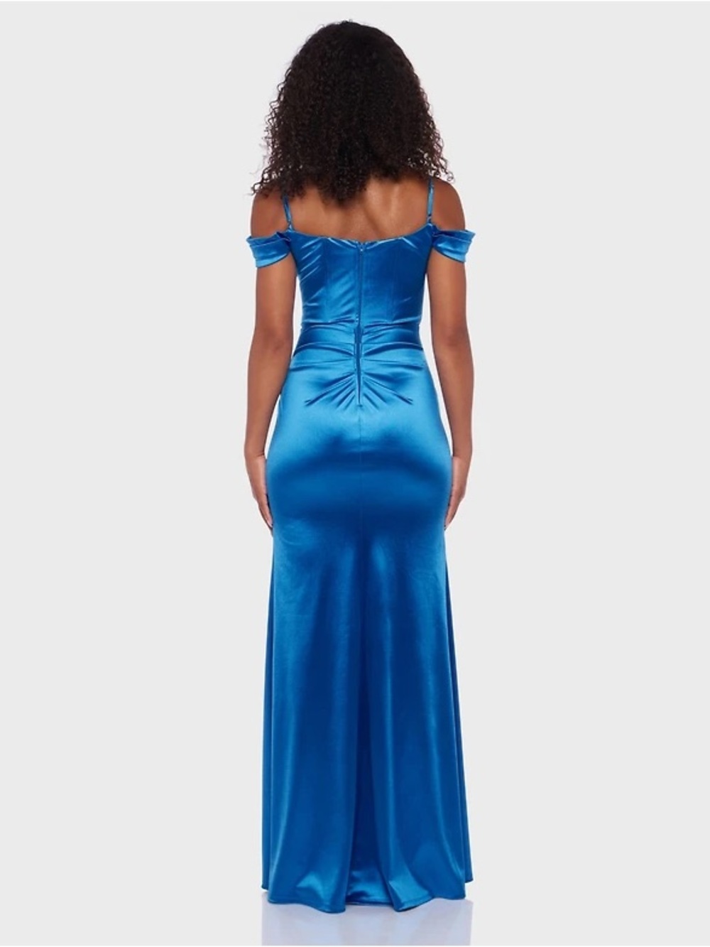 B Darlin Blue Satin Off-Shoulder Maxi Dress with High Slit - Picture 3 of 3